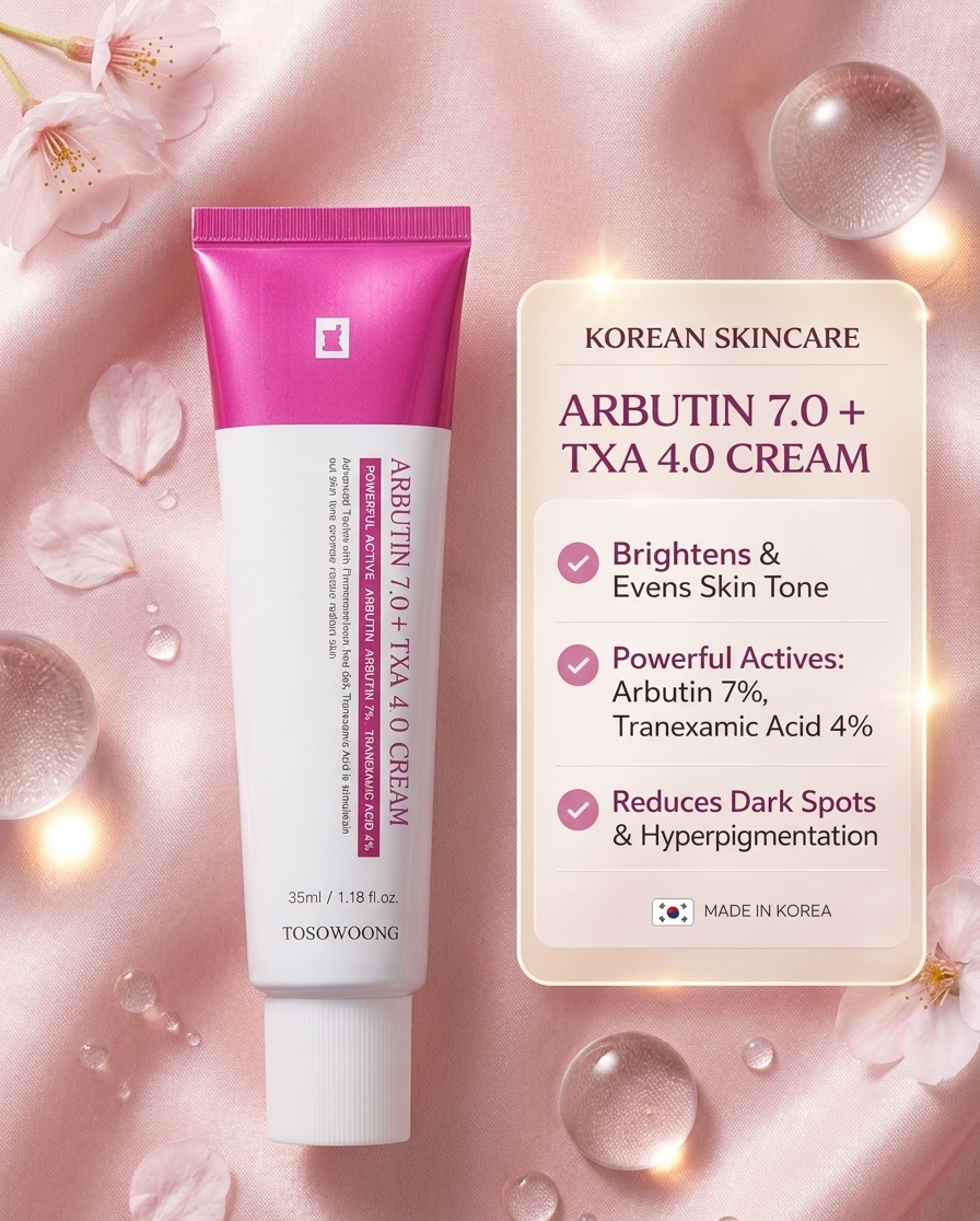 TOSOWOONG Arbutin 7.0 + TXA 4.0 Cream Korean skincare lifestyle shot with key benefits