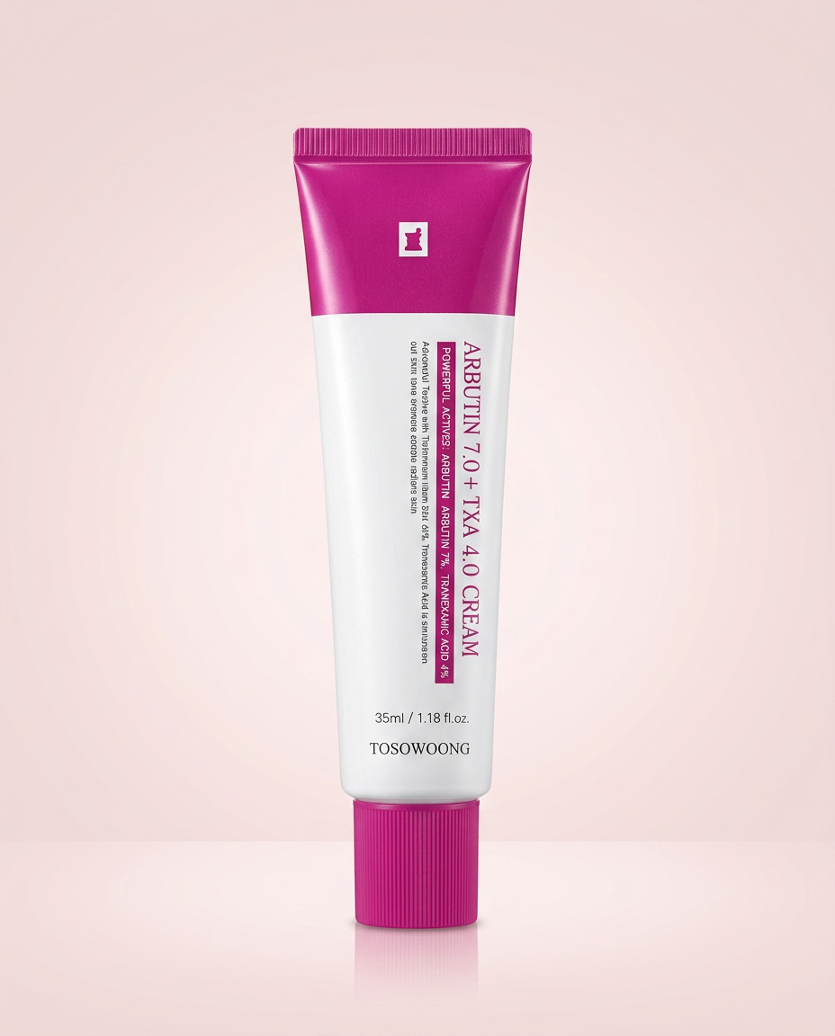 TOSOWOONG Arbutin 7.0 + TXA 4.0 Cream on soft pink background