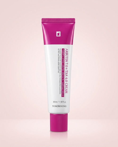 TOSOWOONG Arbutin 7.0 + TXA 4.0 Cream on soft pink background