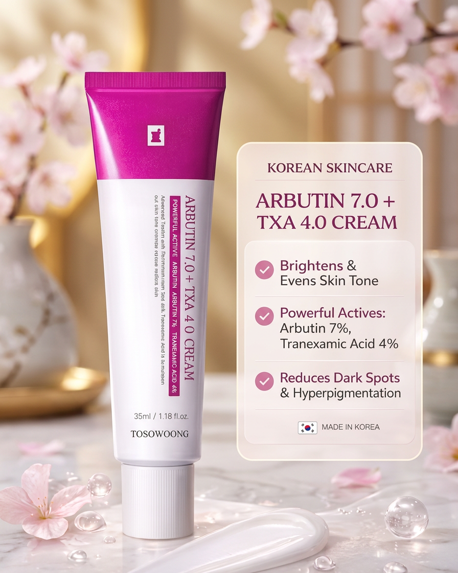 TOSOWOONG Arbutin 7.0 + TXA 4.0 Cream styled with cherry blossoms and gold accents, Made in Korea